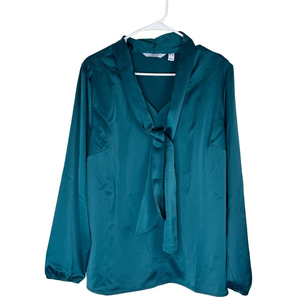 Denim‎ & Co Blouse Women Large Dark Spruce Green Satin Tie Neck Long Sleeve